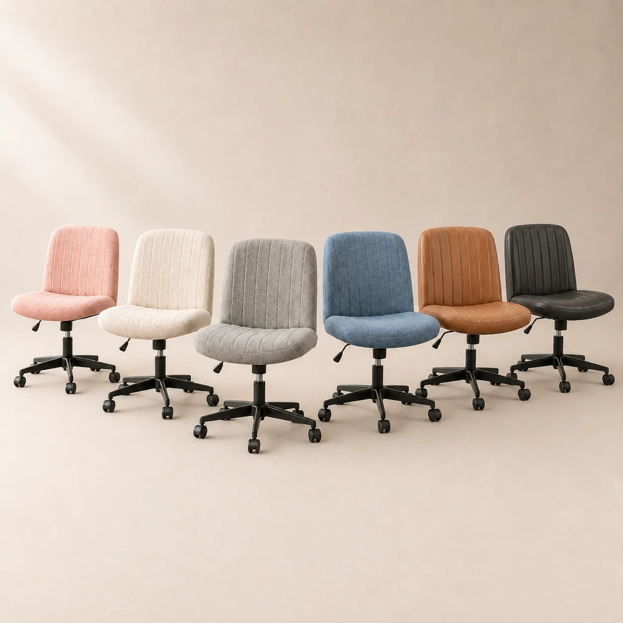Six MiraForm chair colors with rolling casters arranged against a warm cream backdrop