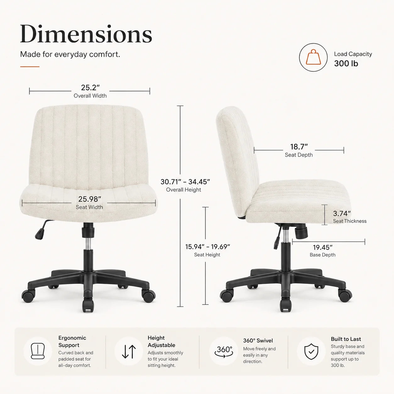 MiraForm chair dimensions shown from front and side, including seat and height measurements
